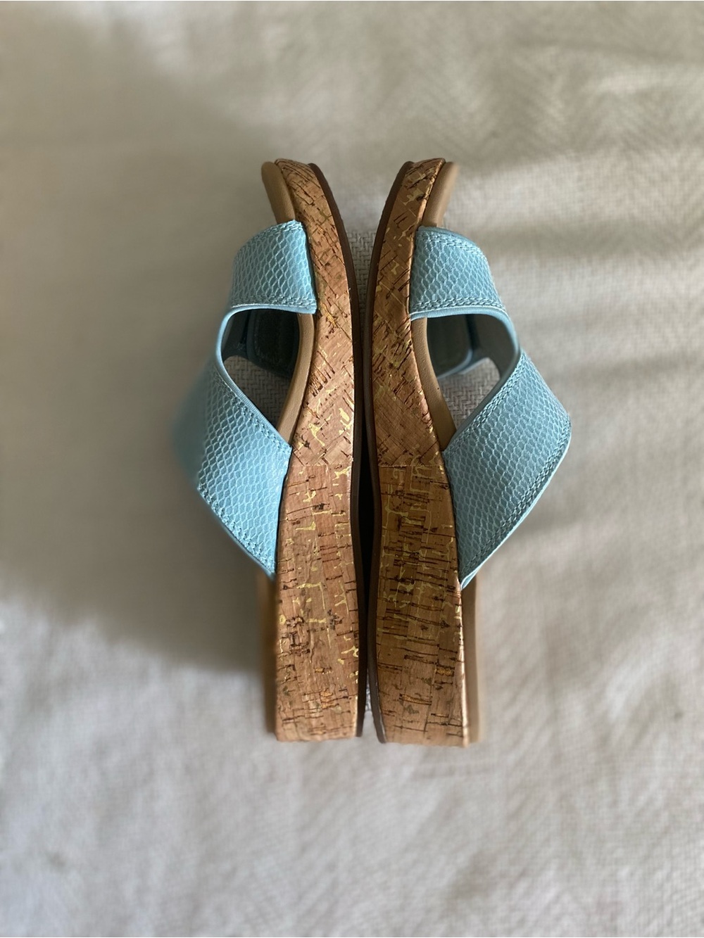 New Light Blue Cork Wedge Slide Sandals